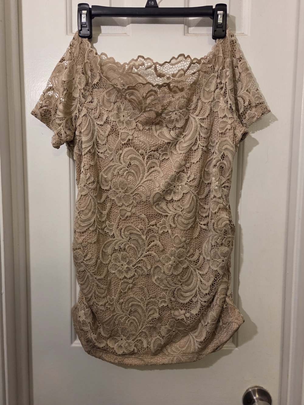 Women's Beige Floral Lace Off The Shoulder Top With Ruched Sides.  Size XL